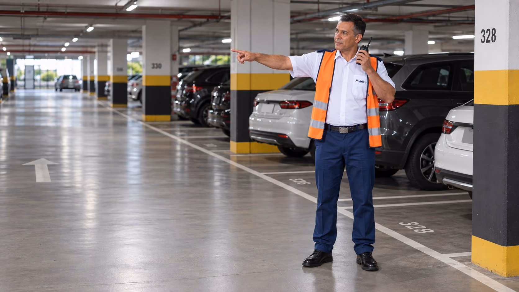 Orientador de estacionamento da Prátika, com rádio, indica a circulação no estacionamento coberto
