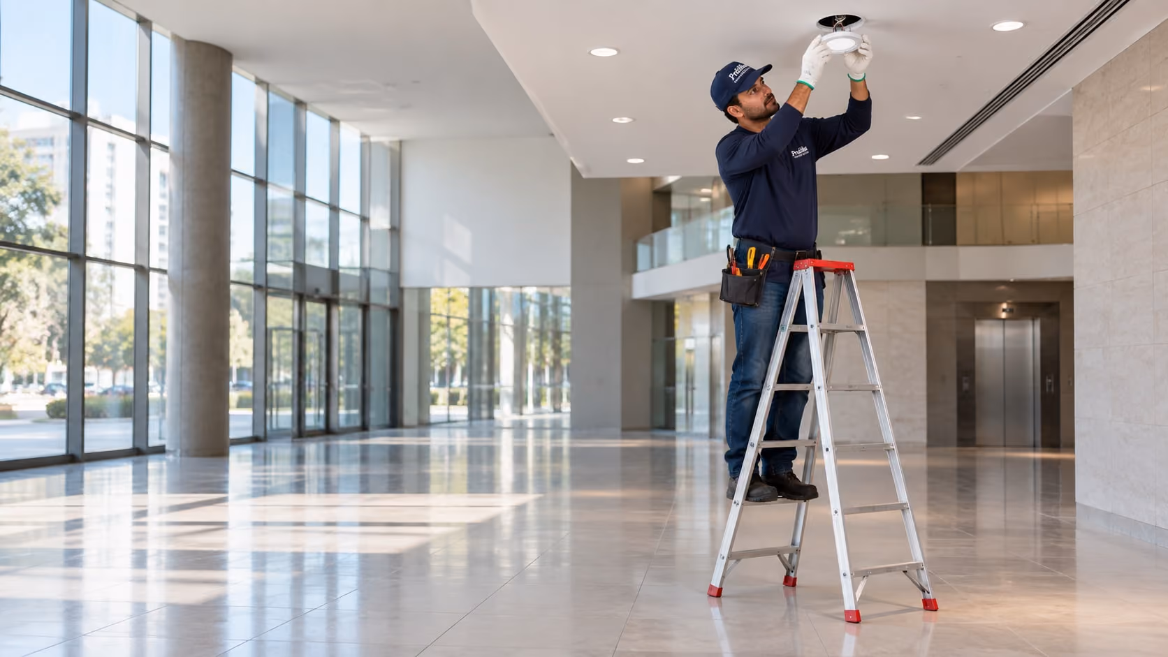 Técnico de manutenção da Prátika troca uma luminária do forro em cima da escada